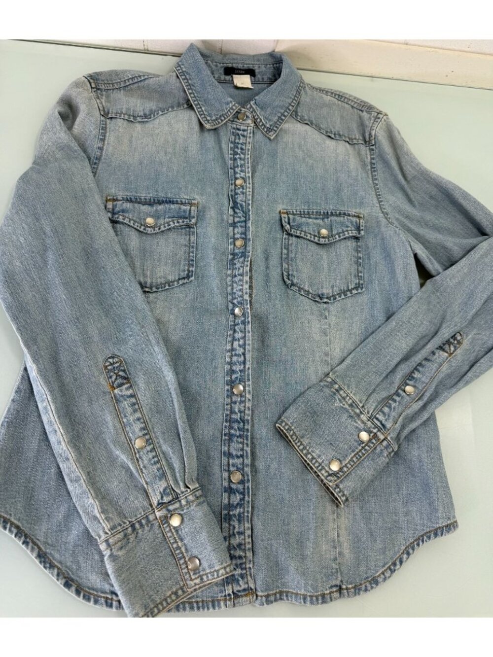 Vintage J Crew Denim Shirt Women's Medium M Pearl Snap Chambray Western Y2K